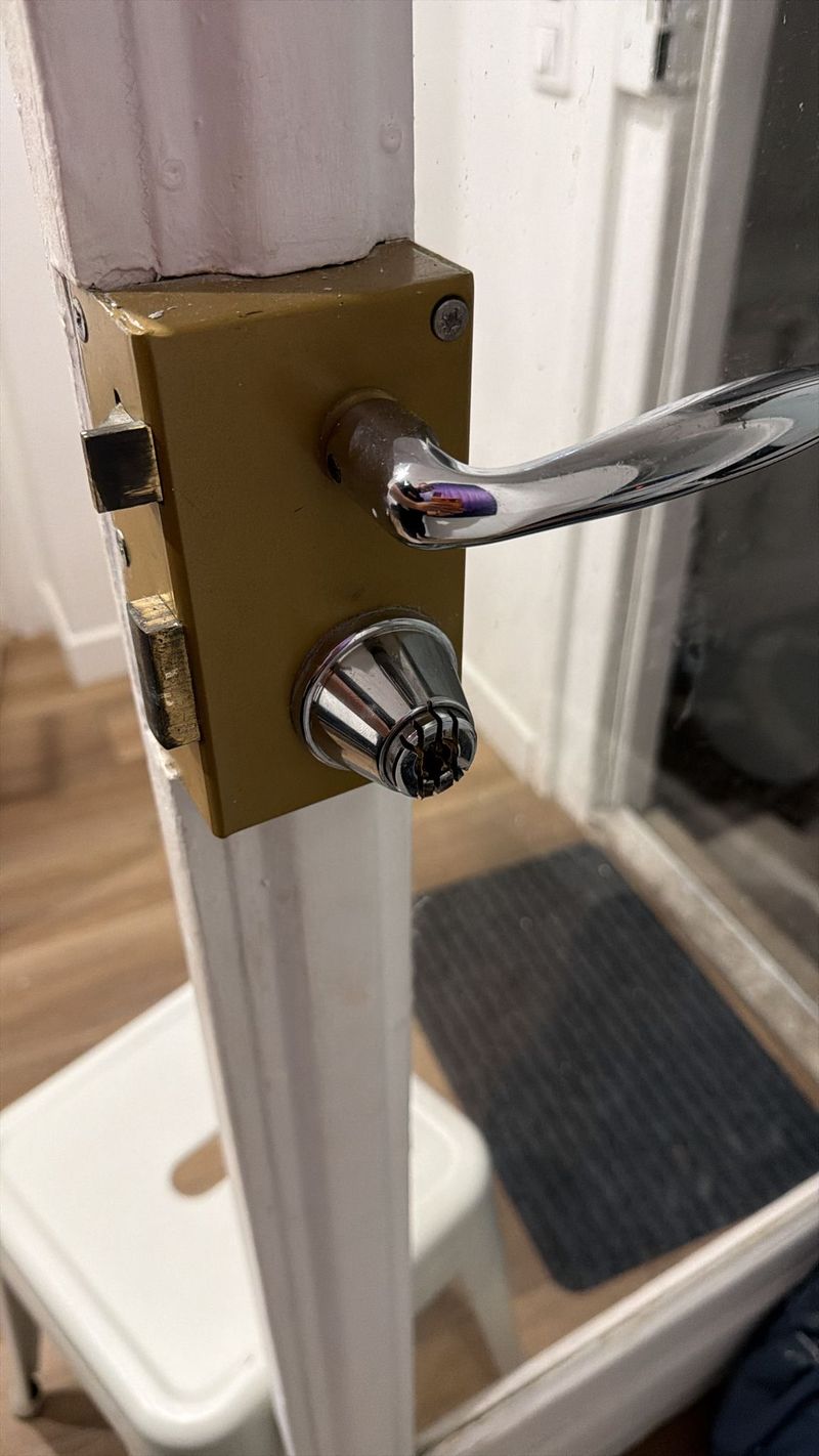 Cylindre et poignée dorée sur porte d'entrée